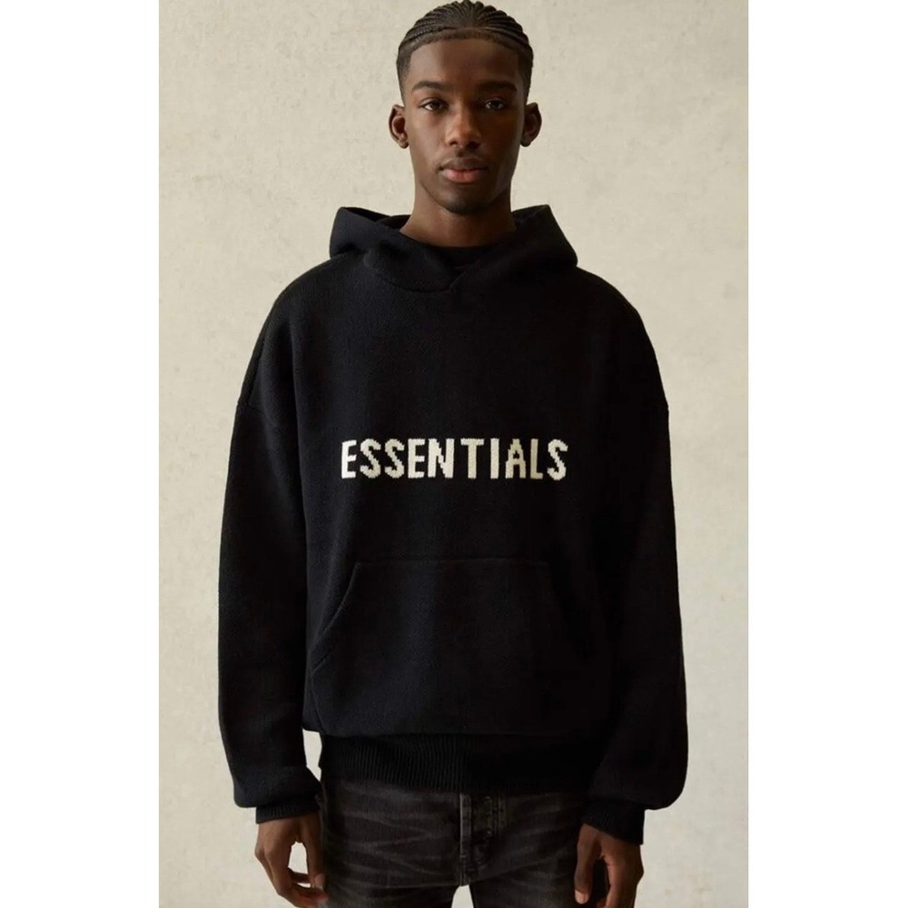 Fear of God Essentials Knit Hoodie Black Oversized Heavy Logo Sweater Size XS